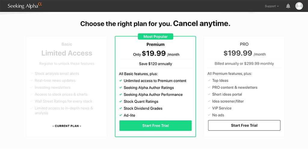is seeking alpha worth it for premium plan free trial page screencap