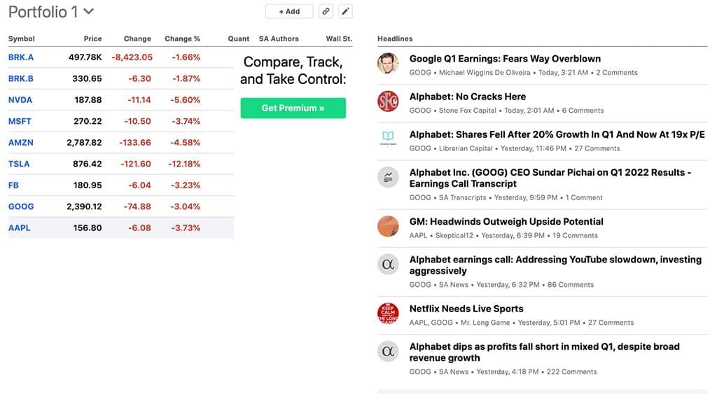 seeking alpha review portfolio news tool